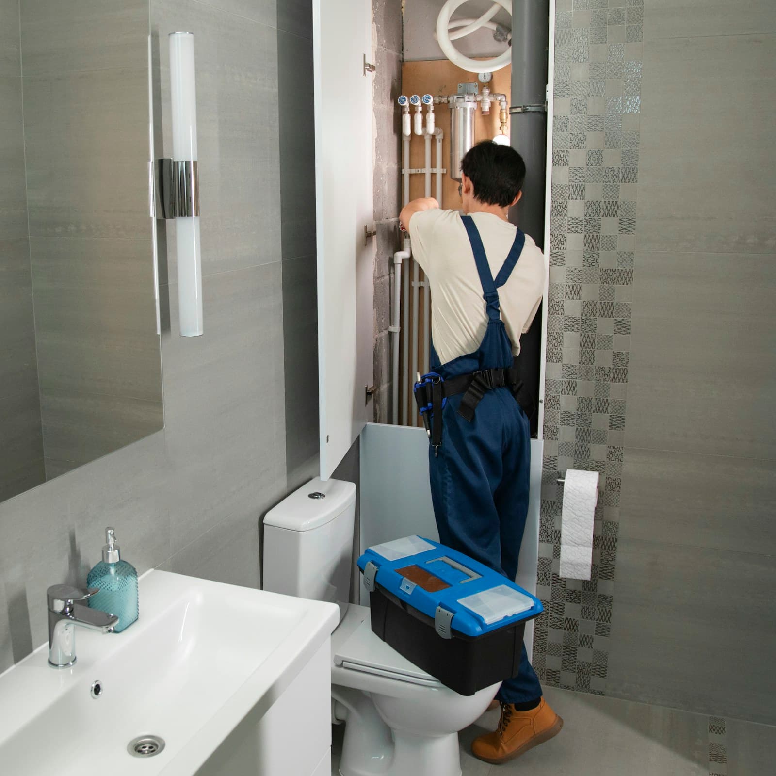 Sanitärinstallateur bei Reparaturarbeiten in einem Schweizer Badezimmer