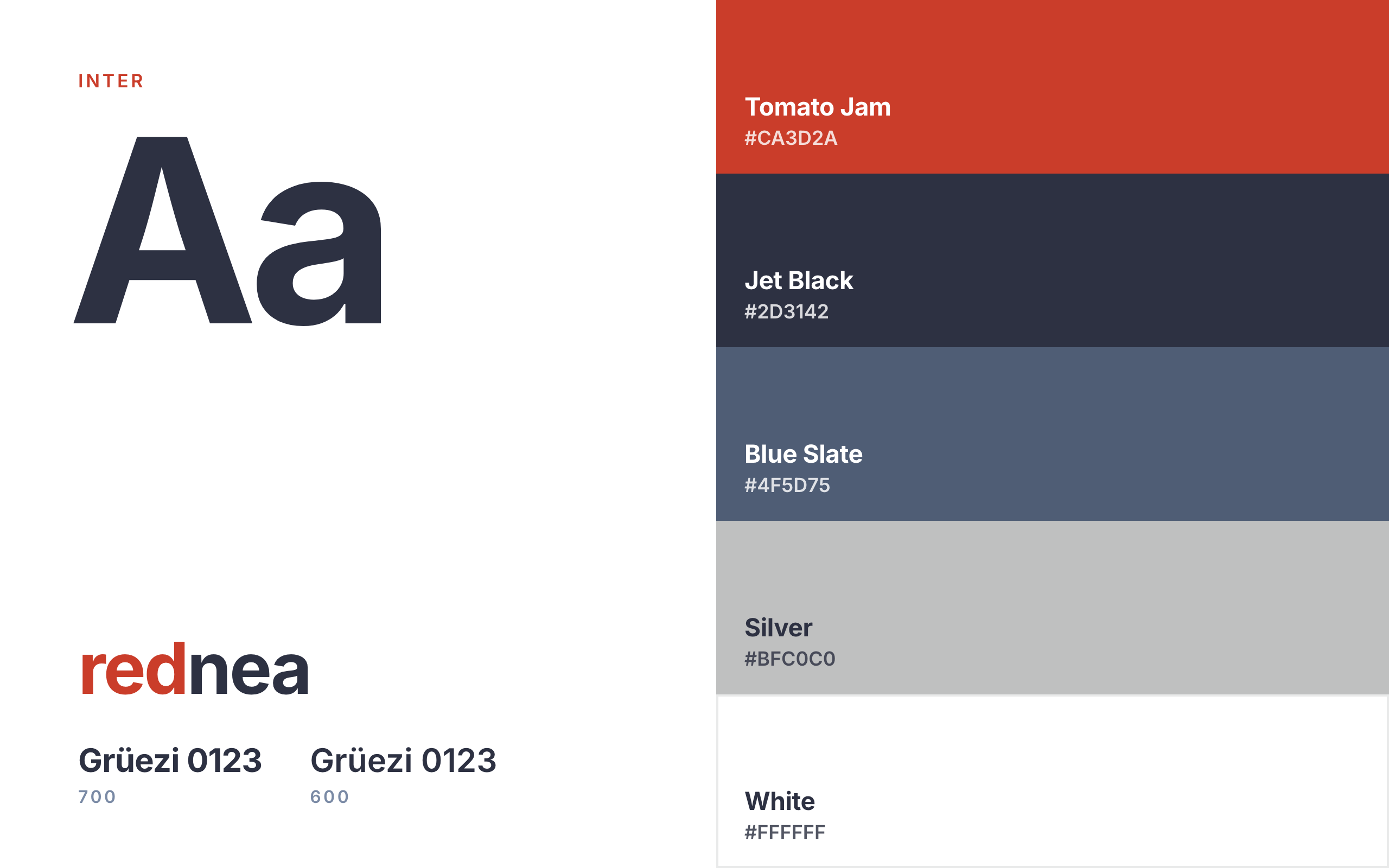 Typographie et couleurs de rednea : la police Inter et les cinq couleurs de marque Tomato Jam, Jet Black, Blue Slate, Silver et White