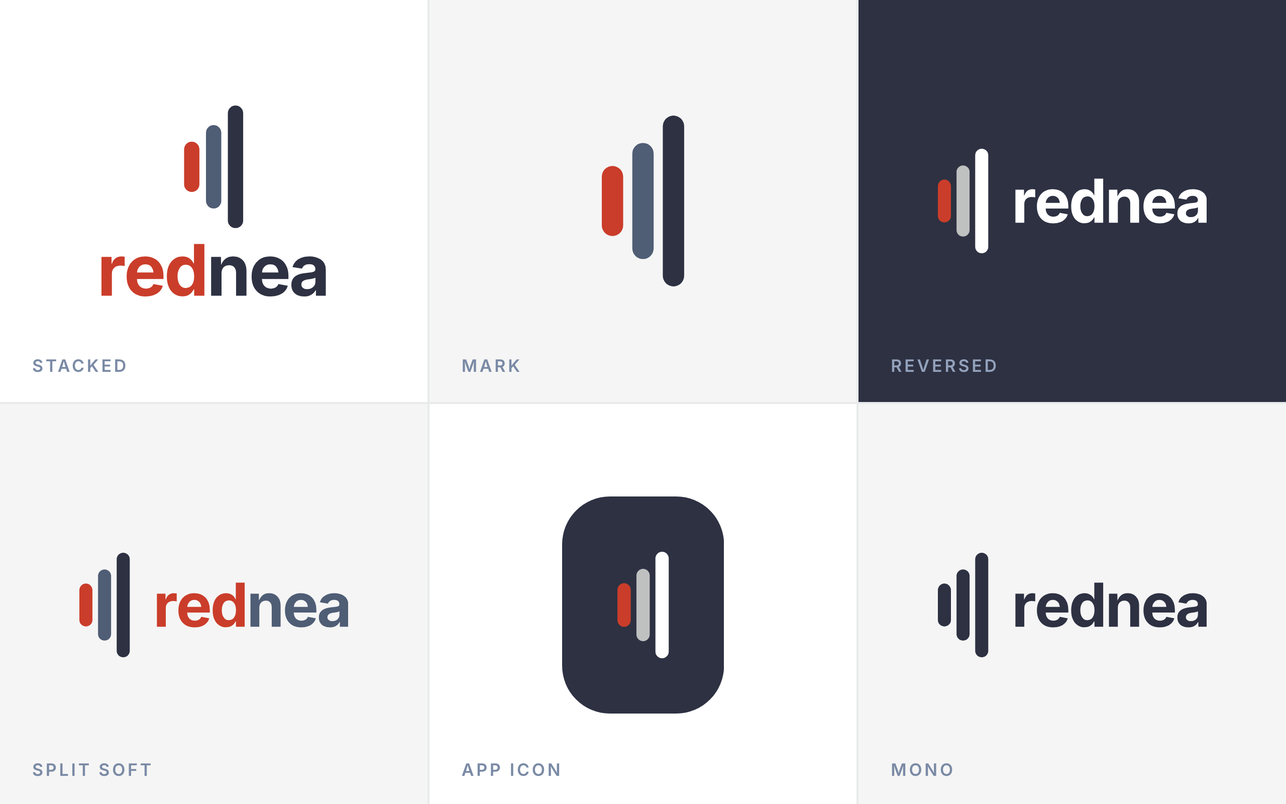 Six variantes du logo rednea : empilé, le symbole seul, clair sur fond sombre, la version discrète, l’icône d’application et la version monochrome