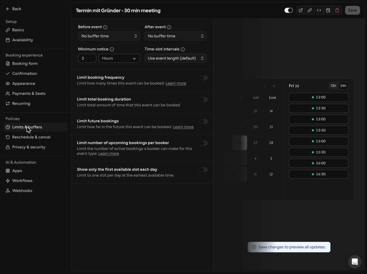 Appointment type, "Limits & buffers" tab: buffers and minimum notice.