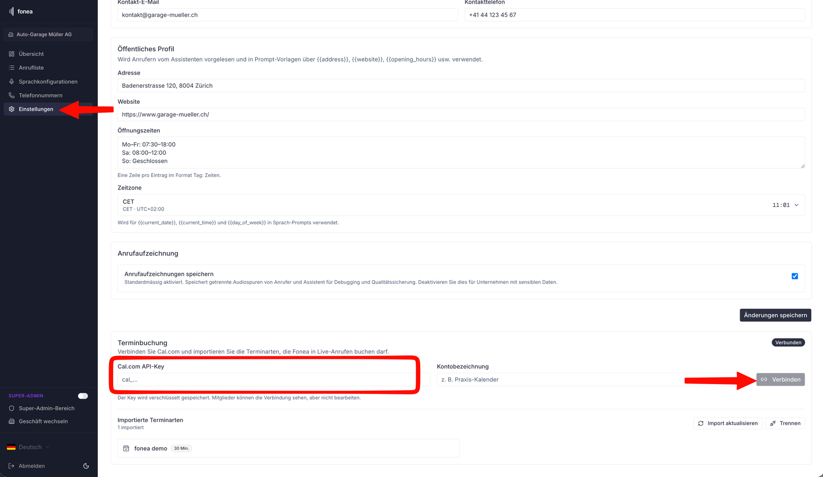 rednea settings, "Appointment booking" section with the field for the Cal.com API key.