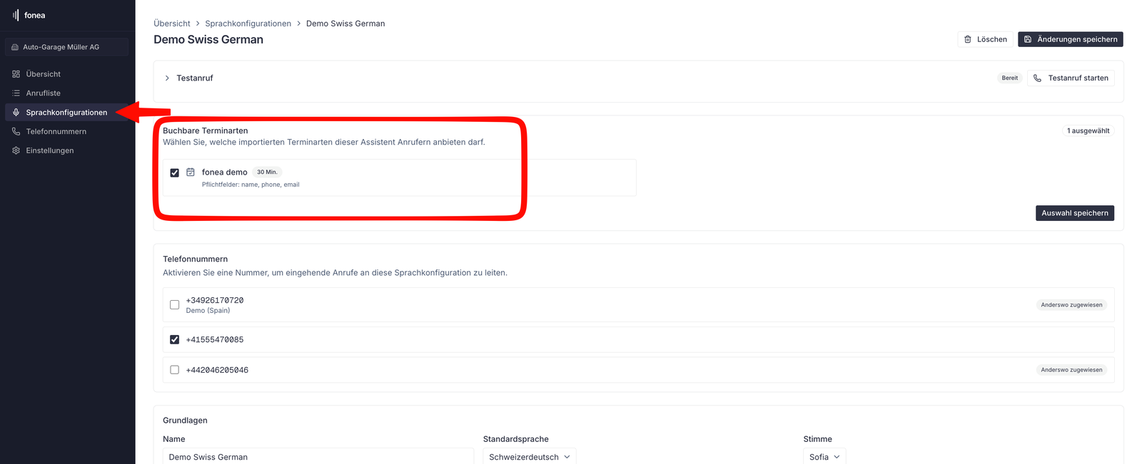 Voice configuration with the "Bookable appointment types" section and a selected appointment type.