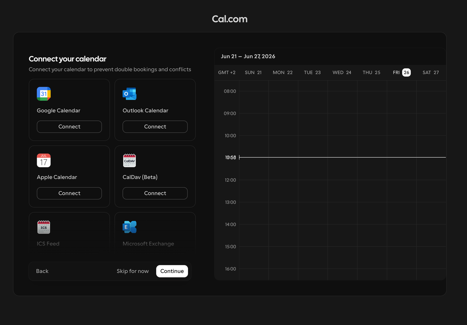 "Connect your calendar" selection with Google, Outlook, Apple and more.