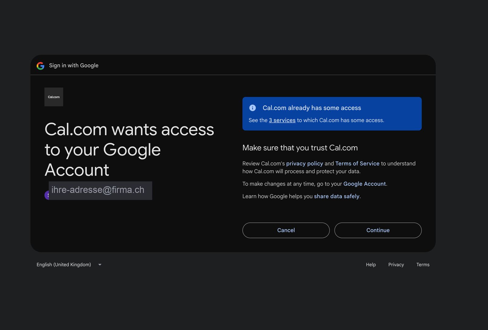 Google window "Cal.com wants access to your Google Account".