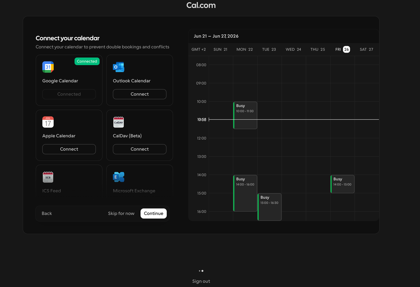 Calendar marked as "Connected", busy times appear on the right.
