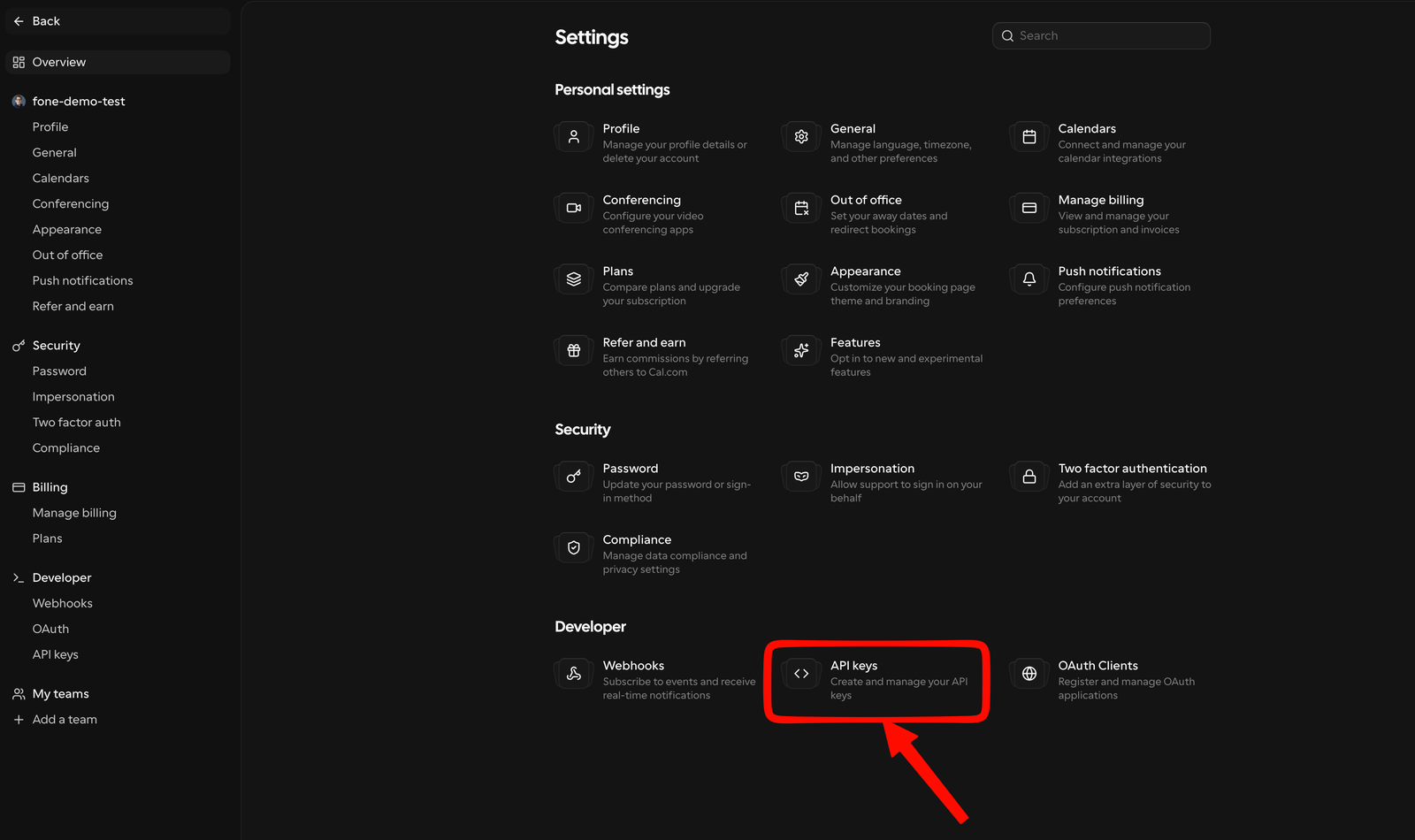 Cal.com with the "Settings" button highlighted at the bottom left.