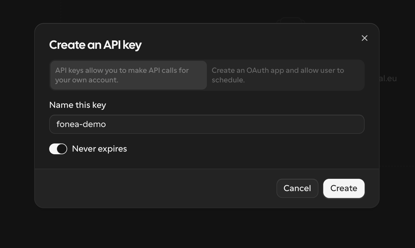 "Create an API key" dialog with name field and "Never expires" toggle.