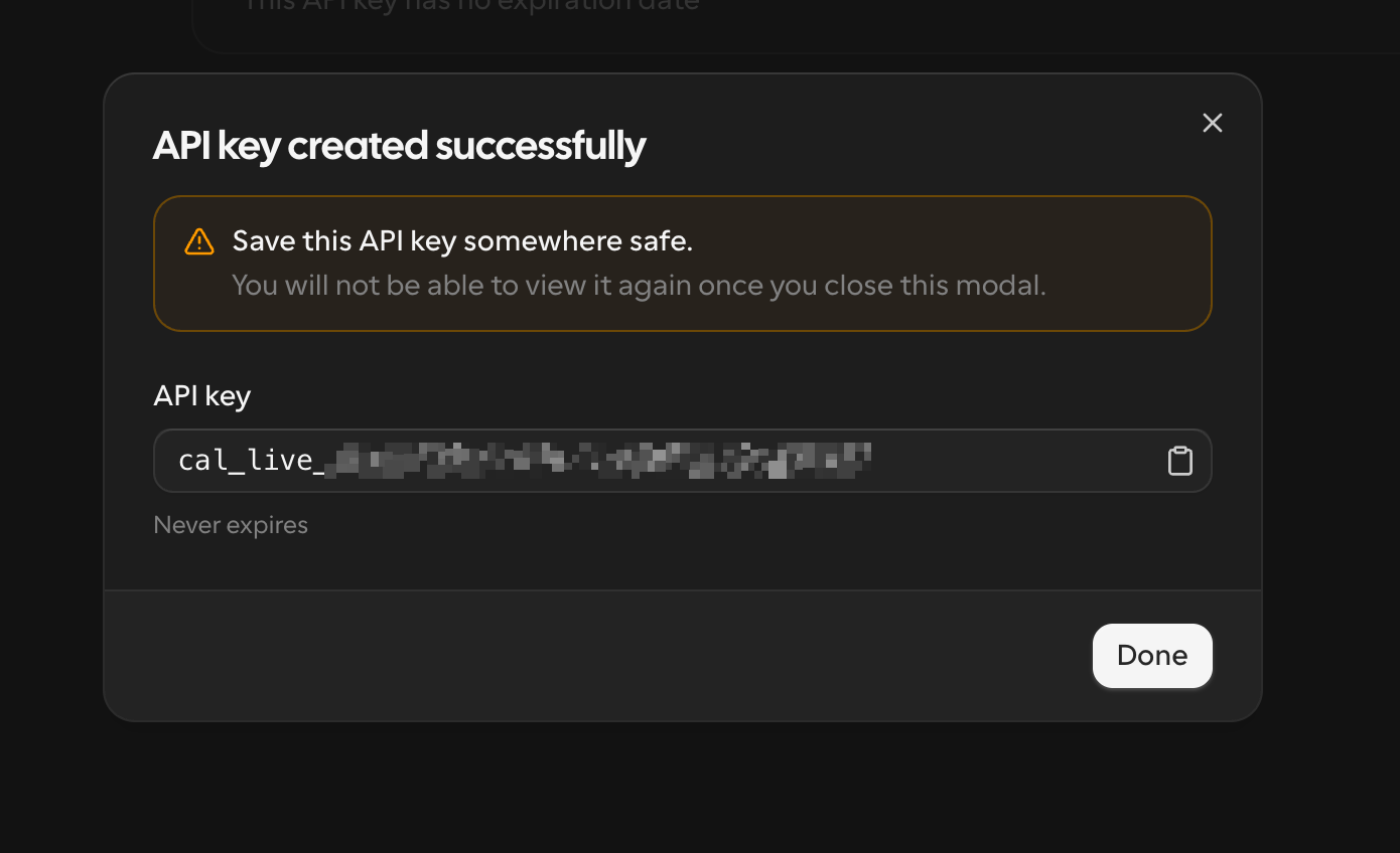 "API key created successfully" window with the copyable key.