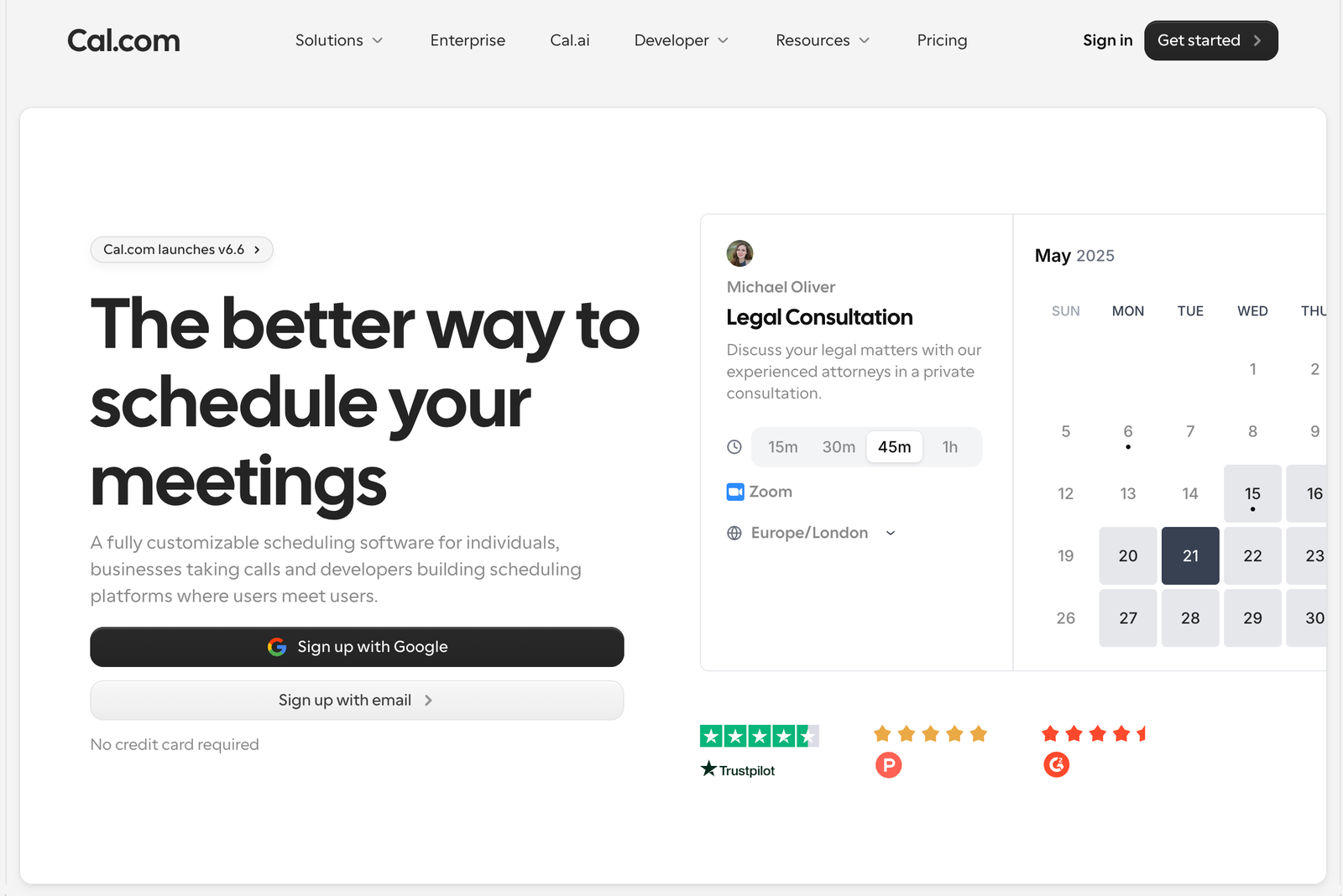 Cal.com landing page with the sign-up button.