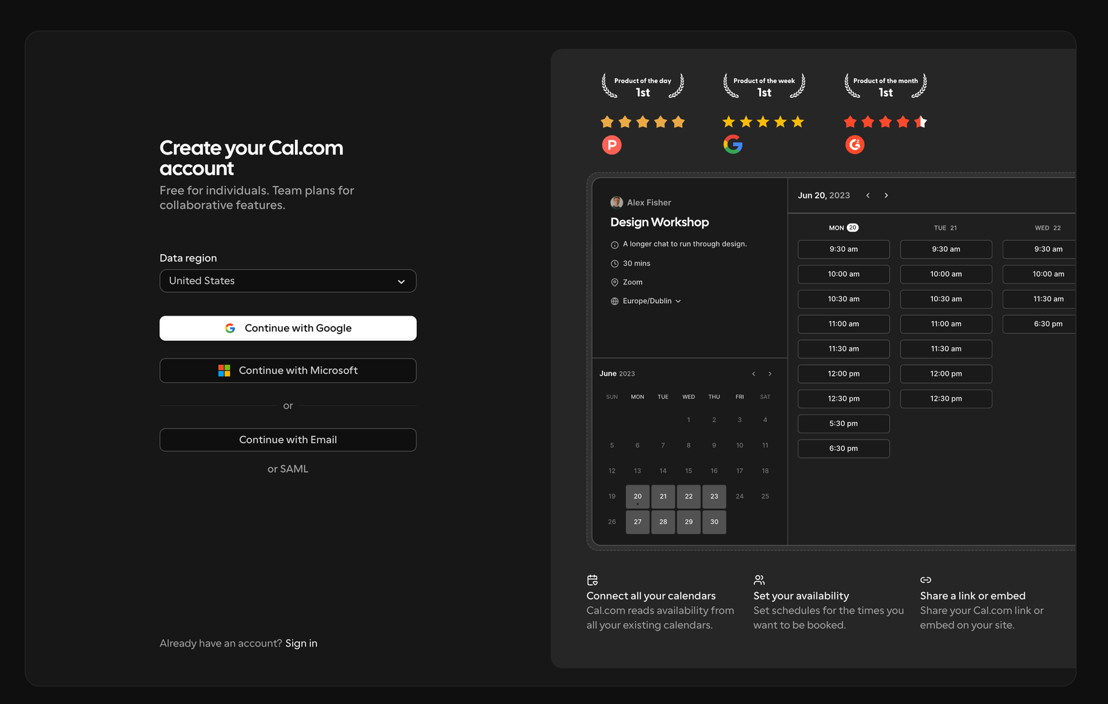 Cal.com registration form with the "Data region" field.