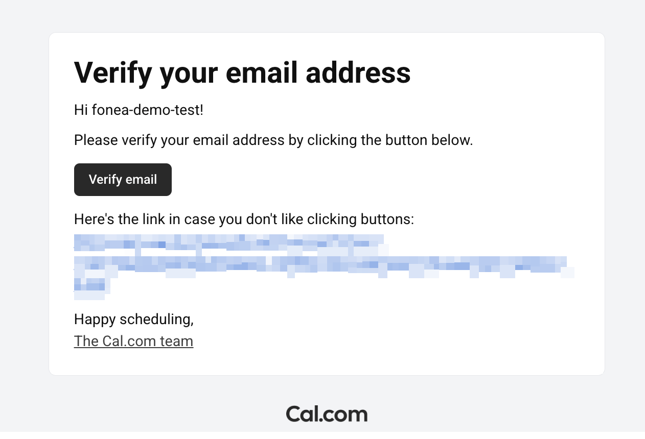 Confirmation email from Cal.com with the "Verify email" button.