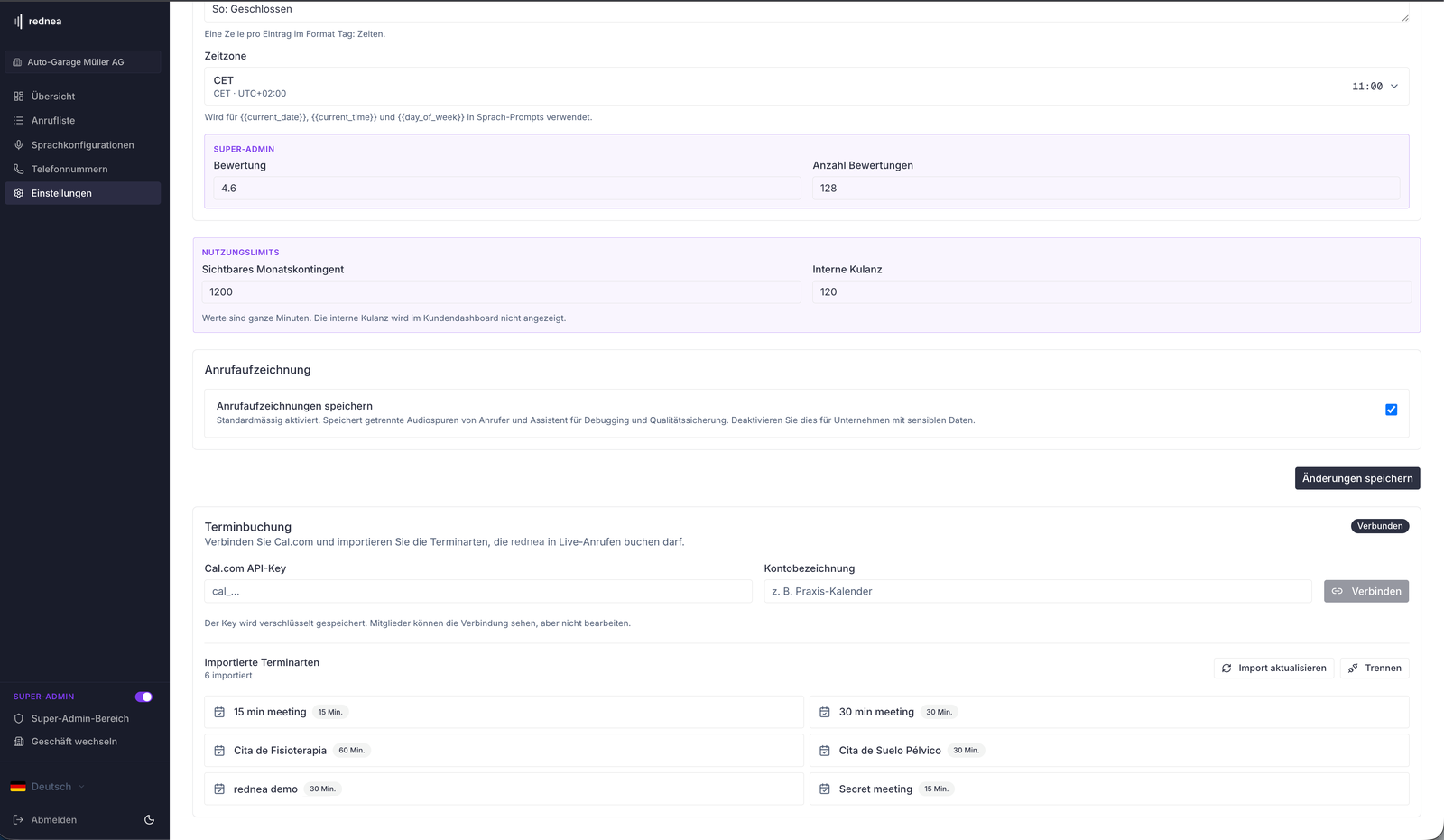 rednea affiche les types de rendez-vous importés de Cal.com ; « Import aktualisieren » et « Trennen » se trouvent à droite.