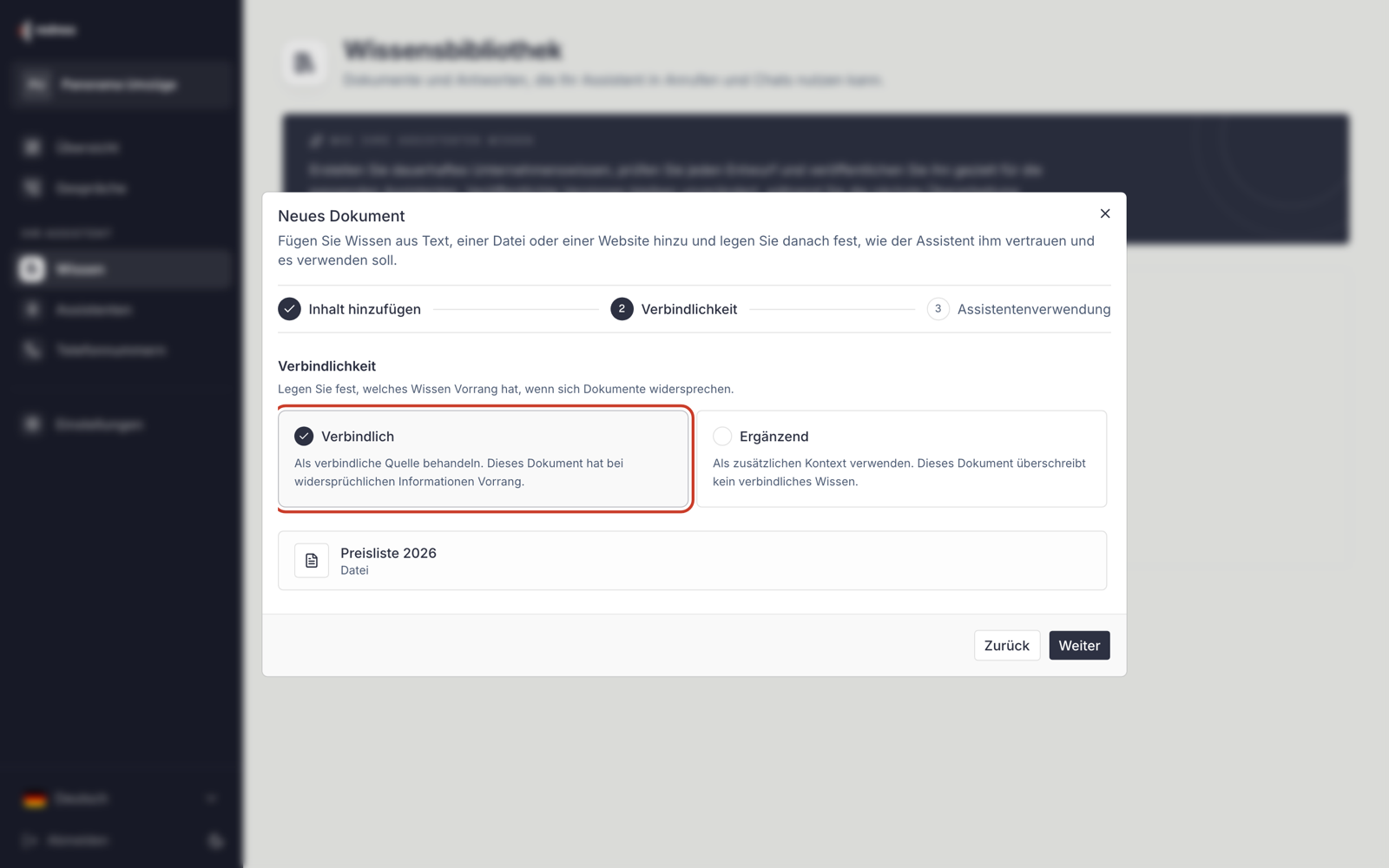 Capture (en allemand) : étape « Verbindlichkeit » (Autorité) avec les tuiles « Verbindlich » (Faisant autorité, encadrée en rouge) et « Ergänzend » (Complémentaire).