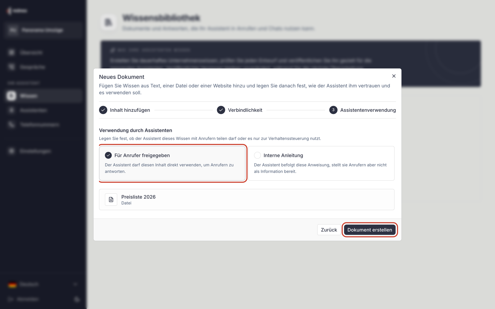 Capture (en allemand) : étape « Assistentenverwendung » (Usage par l’assistant). « Für Anrufer freigegeben » (Communicable à l'appelant) et le bouton « Dokument erstellen » (Créer le document) sont encadrés en rouge.