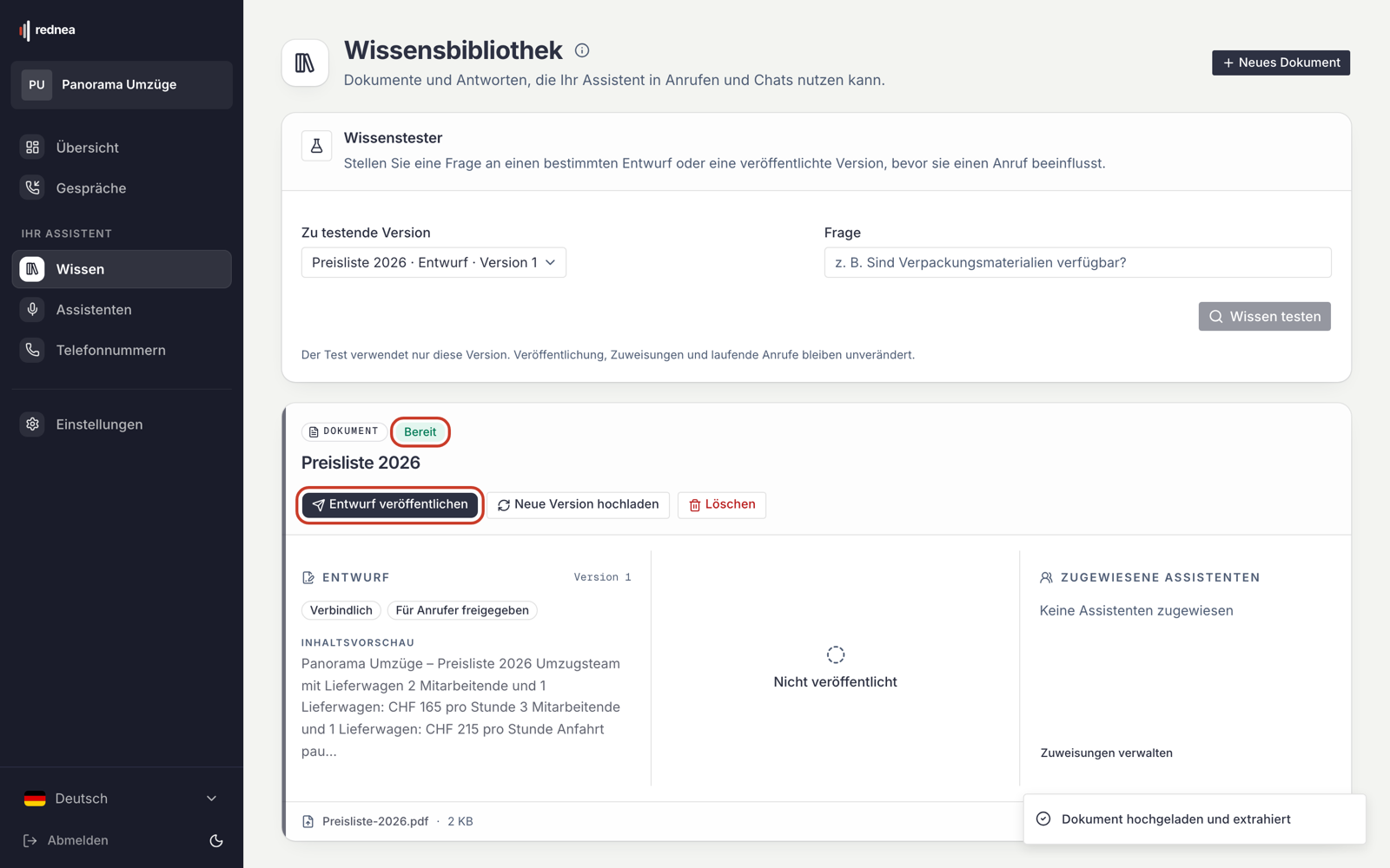 Capture (en allemand) : le document « Preisliste 2026 » avec le statut « Bereit » (Prêt) et le bouton « Entwurf veröffentlichen » (Publier le brouillon) encadrés en rouge. À droite : « Nicht veröffentlicht » (Non publié) et « Keine Assistenten zugewiesen » (Aucun assistant attribué).
