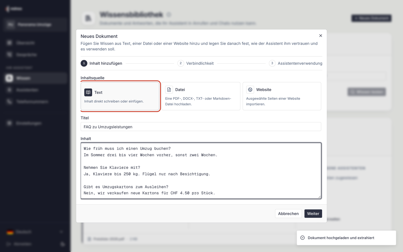 Capture (en allemand) : fenêtre « Nouveau document » avec la tuile « Text » encadrée en rouge. Le champ « Inhalt » (Contenu) contient trois questions avec leurs réponses.