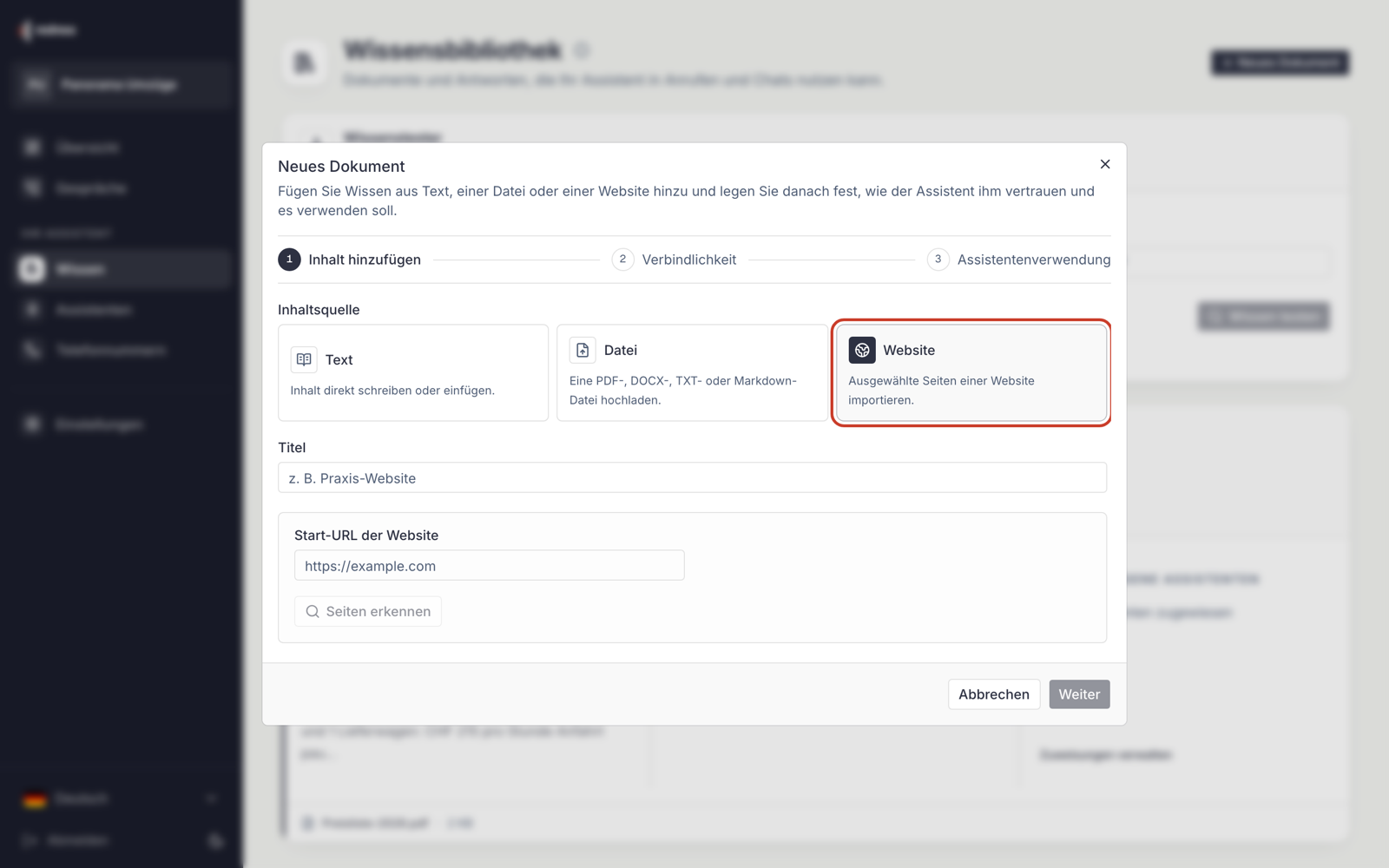 Capture (en allemand) : fenêtre « Nouveau document » avec la tuile « Website » (Site web) encadrée en rouge et le champ « Start-URL der Website » (URL de départ du site).