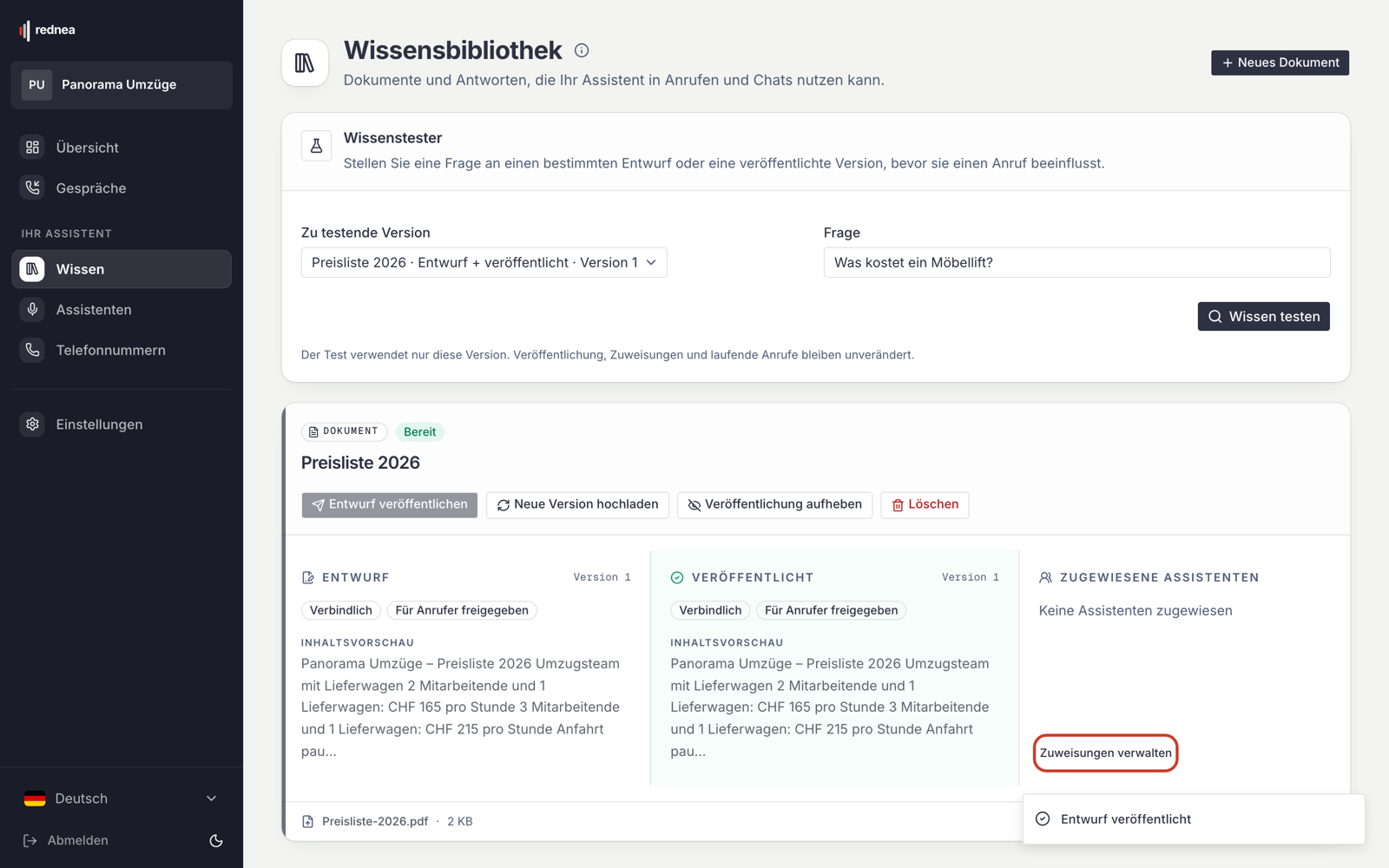 Capture (en allemand) : le document après la publication. Les colonnes « Entwurf » (Brouillon) et « Veröffentlicht » (Publié) montrent la version 1. « Zuweisungen verwalten » (Gérer les attributions) est encadré en rouge.
