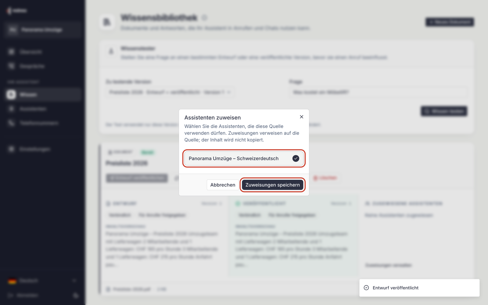 Capture (en allemand) : fenêtre « Assistenten zuweisen » (Attribuer aux assistants). L’assistant « Panorama Umzüge – Schweizerdeutsch » est coché et le bouton « Zuweisungen speichern » (Enregistrer les attributions) est encadré en rouge.