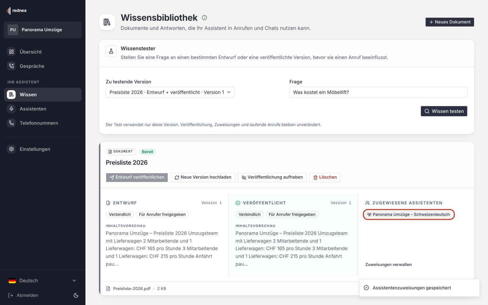Capture (en allemand) : le document terminé, publié, avec sous « Zugewiesene Assistenten » (Assistants attribués) l’assistant « Panorama Umzüge – Schweizerdeutsch » encadré en rouge.