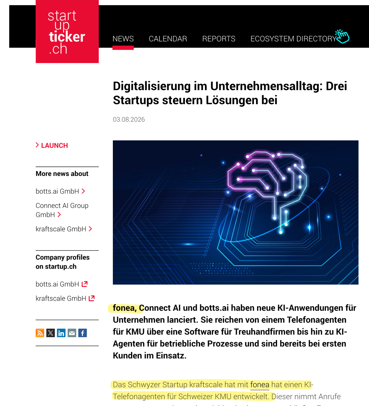 Startupticker.ch Artikel über rednea, Connect AI und botts.ai vom 3. August 2026